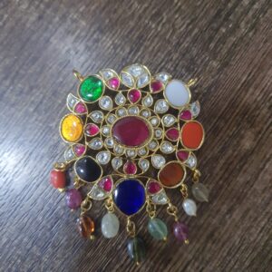 Jadau kundan navaratna pendant with real bead hangings